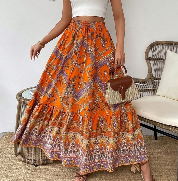 Dresses & Skirts - Paisley Floral Printed Skirt With Ruffled Hem